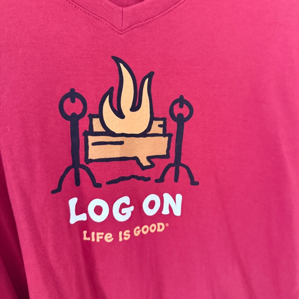 Life is Good Womens XXXL Red Log On Camp‎ Graphic Crusher Tee Long Sleeve V-Neck - Picture 2 of 5